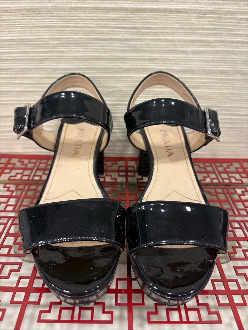 Prada Black Patent Leather Ankle-Strap Block Heel Sandals